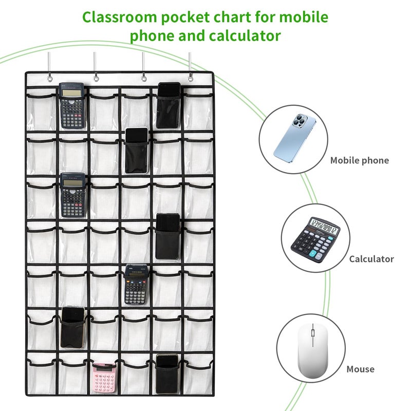 ANSTROUT 42 Clear Pockets Classroom Pocket Chart for Cell Phones and Calculator  Pocket Chart Organizer for Classroom Phone Storage Holder with 42 Number Sticker and Hooks (White) - Image 4